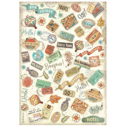Papel arroz A4 Art of Travelling - Labels Etiquetas Stamperia
