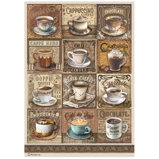 Papel de arroz A4 Tags with Cups Coffe and Chocolate Stamperia