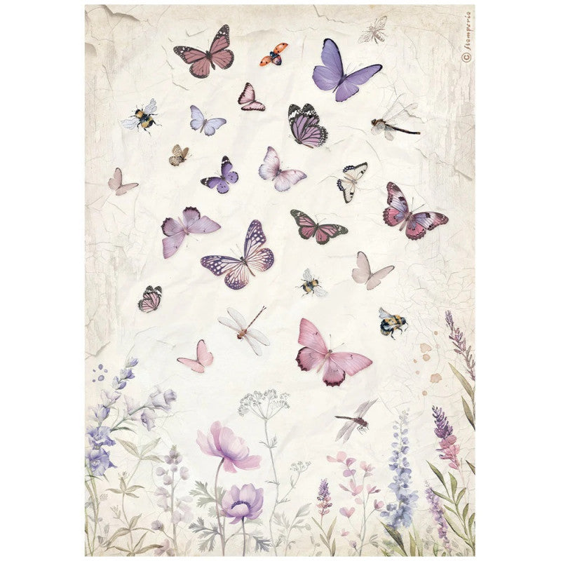 Papel de arroz A4 Mariposas y Flores Lavender Stamperia